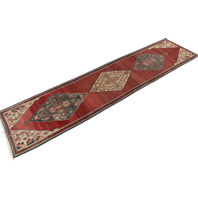 Rug & Kilim Antique Bidjar Kilim in Red With Blue and Beige Tribal Medallions, Pink Accents For Sale - Image 4 of 8