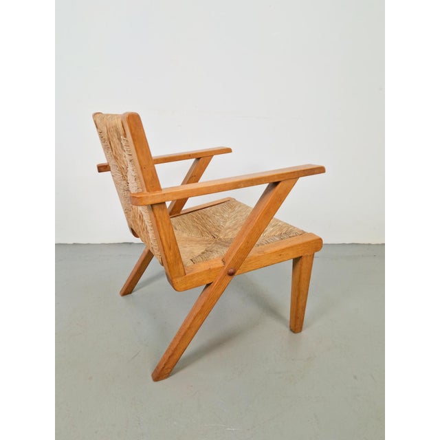 Dutch Modernist Brutalist Wooden Armchair with Rush Seat, 1940s For Sale - Image 4 of 12
