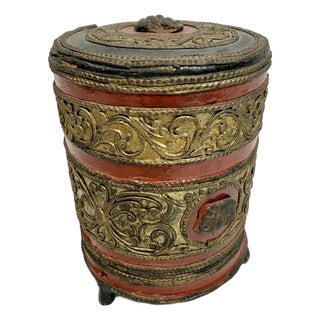 Antique Burmese Lacquerware Betel Box Kun It W/ Liner Red & Gilt 19th / Early 20th C. For Sale