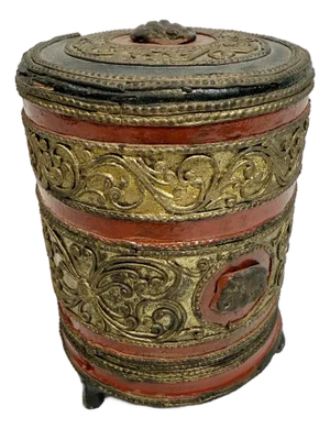 Antique Burmese Lacquerware Betel Box Kun It W/ Liner Red & Gilt 19th / Early 20th C.