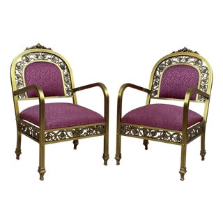20th Century French Pair of Gold Brass and Bronze Armchairs with Red Upholstery For Sale