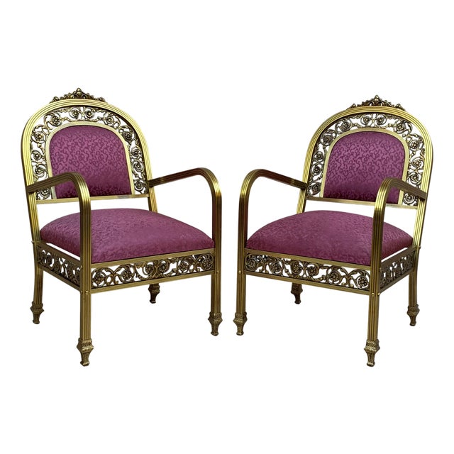 20th Century French Pair of Gold Brass and Bronze Armchairs with Red Upholstery For Sale