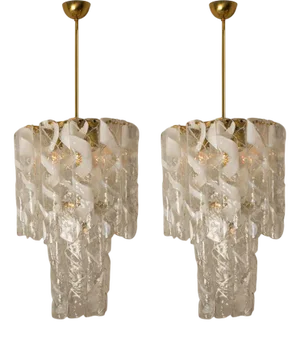 Large Brass White Spiral Murano Glass Torciglione Chandeliers from Mazzega, 1960s, Set of 2