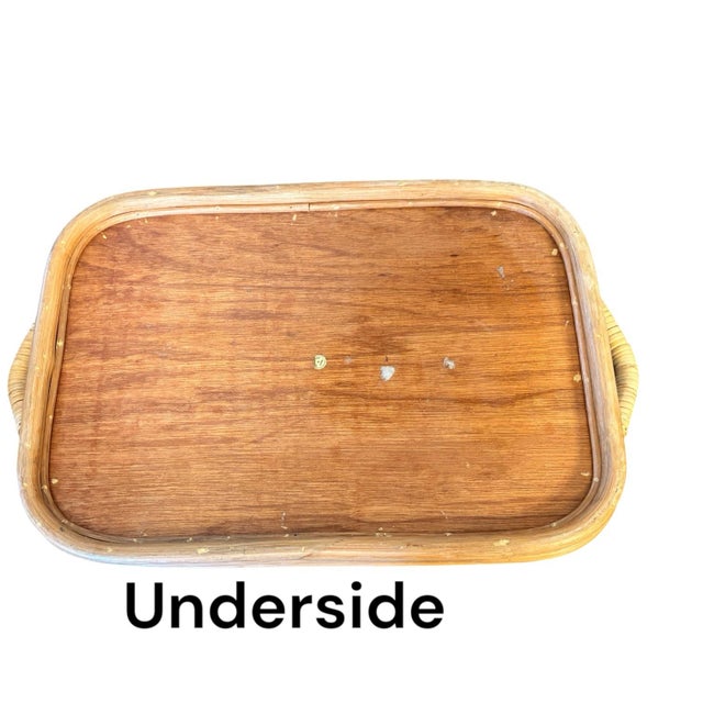 Coastal Mid 20th Century Capiz Shell Rattan Serving Tray With Handles, Made in Philippines, 20 Inch Coastal Boho Decorative Tray For Sale - Image 3 of 8