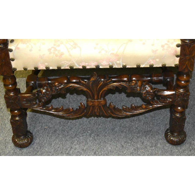 French Carved Walnut Armchair French Style High Back Vintage Upholstered Floral Chair For Sale - Image 3 of 13