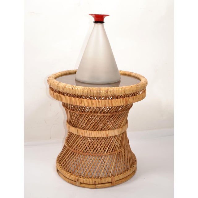 Mediterranean 1970s Vintage Bohemian Round Handwoven Rattan Wicker Drum Side Table For Sale - Image 3 of 12
