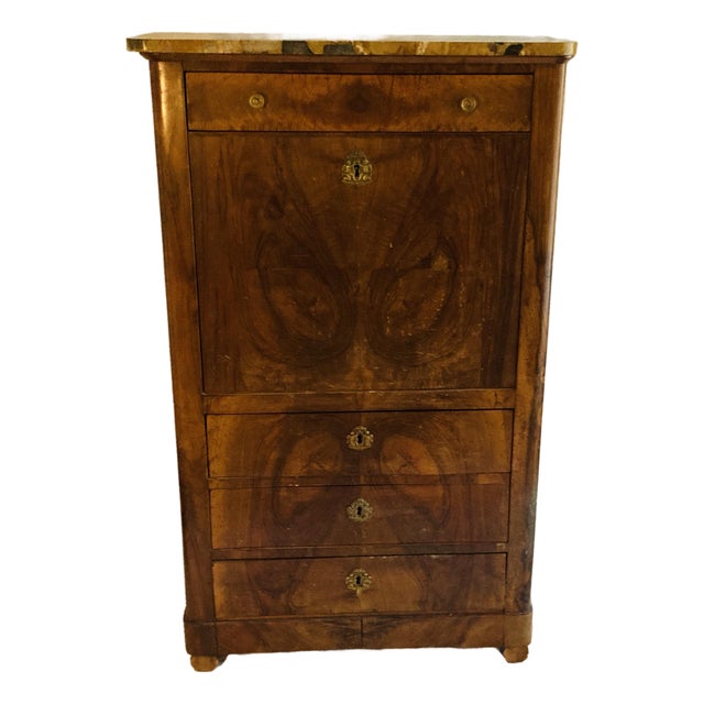Antique French Louis Philippe Secretary in Walnut With Marble Top Leather Gilt Embossed Writing Surface For Sale