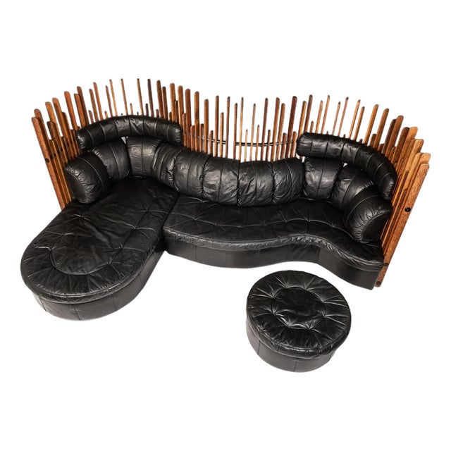 Organic Modern "Isle D'Palm" Modular Sofa in Leather and Palm Wood Attributed to Pacific Green, Australia, Circa 2000s For Sale
