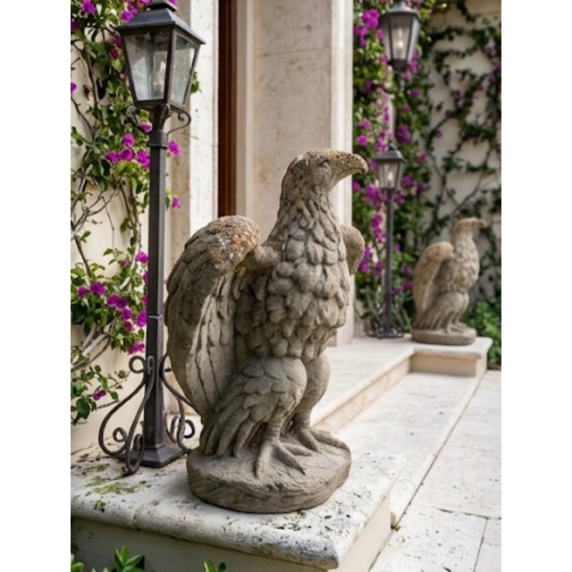 Greige Pair of Mid-Century Hollywood Regency Cast Stone Eagle Statues For Sale - Image 8 of 12