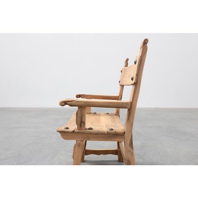 Brutalist Armchairs with Carved Rosettes and Nailed Wooden Seats, Spain, 1950s, Set of 2 For Sale - Image 6 of 12
