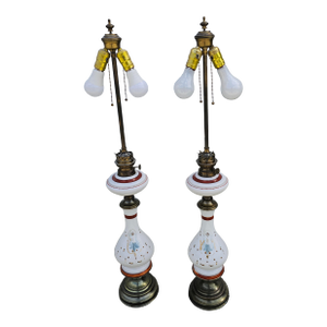 Pair of Vintage Decorated Milk Glass With Oil Burner Fitting Table Lamps