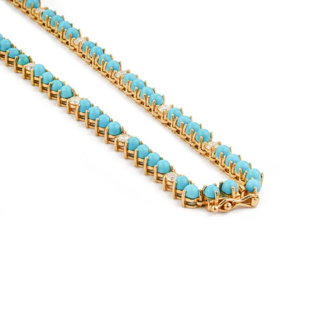 18k Yellow Gold 13.8ct Round Sleeping Beauty Turquoise & Diamond Tennis Necklace For Sale - Image 10 of 17