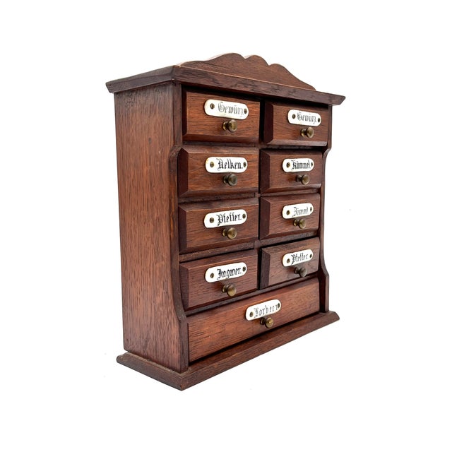 Antique Miniature Wooden Spice Cabinet with Porcelain Labels and 9 Drawers, 1960s For Sale - Image 6 of 14