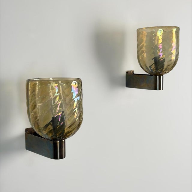 Iridescent Hammered Murano Glass Sconces attributed to Archimede Seguso, 1940s, Set of 2 For Sale - Image 6 of 16