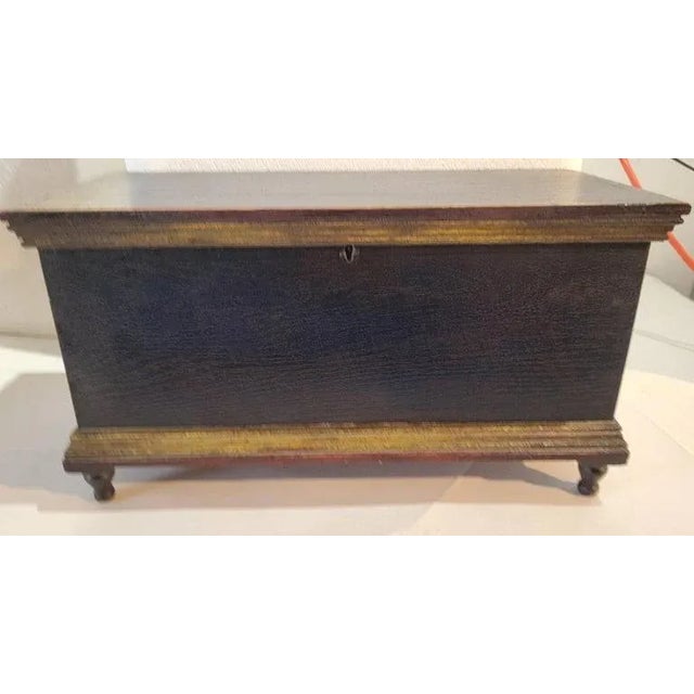 19Thc Original Blue painted children's blanket chest with mustard trim crown molding and trim.The turned feet are all...