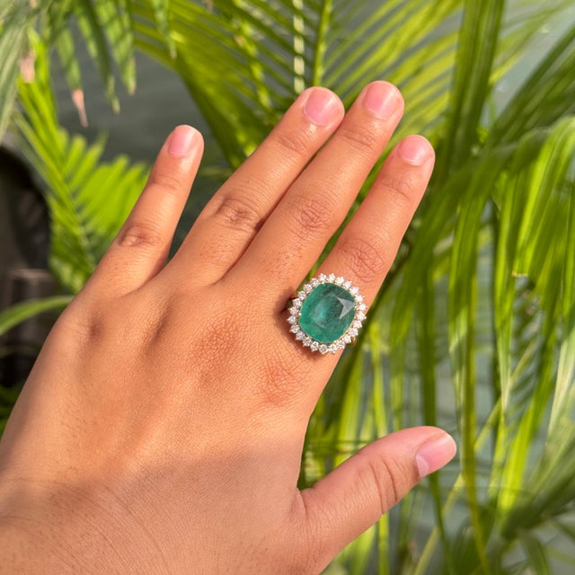 9.17 Ct Zambian Emerald Art Deco Cocktail Ring With Halo Diamonds in 14k Solid Gold Size 5.5 For Sale - Image 12 of 17