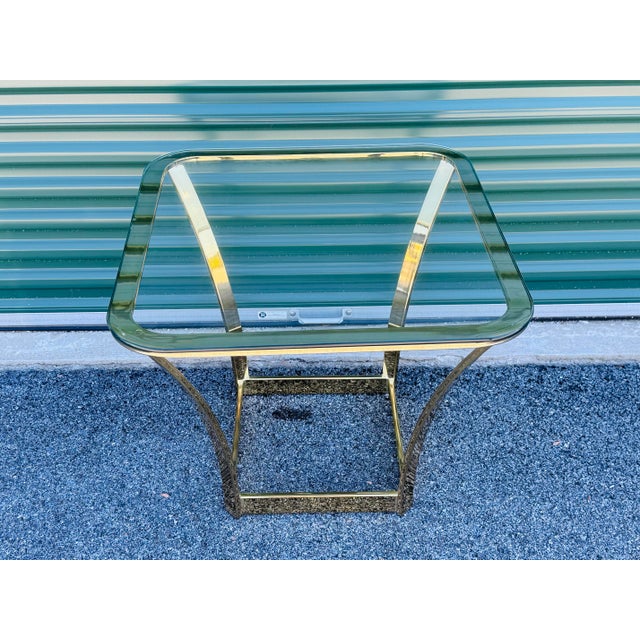 Mid-Century Modern Vintage 1970s Milo Baughman Style Gilt Metal & Glass Top Square Side Table For Sale - Image 3 of 7