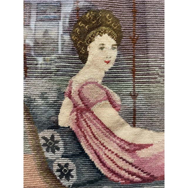 Wood Antique Framed Needlepoint of Woman on Chaise Lounge, 1922 For Sale - Image 7 of 13