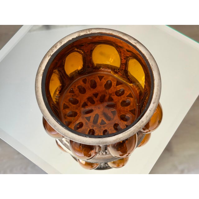 Amber Vintage Baroque Brass Caged Amber Blown Bubble Glass & Dome Lidded Apothecary Jar For Sale - Image 8 of 11