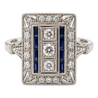 Vintage Art Deco Platinum Sapphire & Diamond Ring, Size 6.5 For Sale