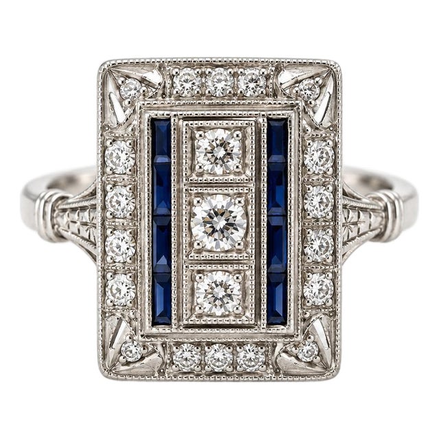 Vintage Art Deco Platinum Sapphire & Diamond Ring, Size 6.5 For Sale