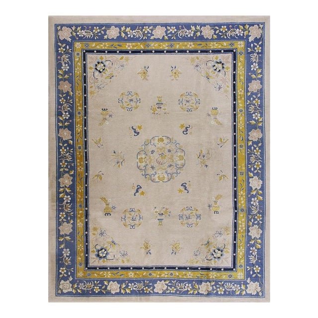 1920s Ivory Traditional Medallion Antique Chinese Peking Carpet 9'x12' Woven Rug For Sale
