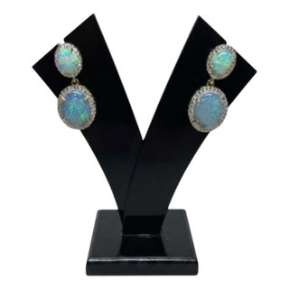 Natural Opal 6.17cts & Diamond 0.77cts Earring in 14k Gold For Sale