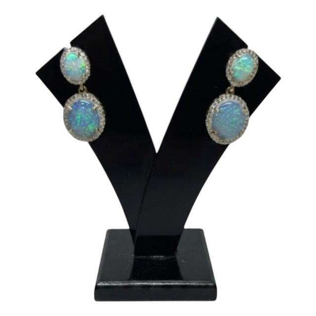 Natural Opal 6.17cts & Diamond 0.77cts Earring in 14k Gold For Sale