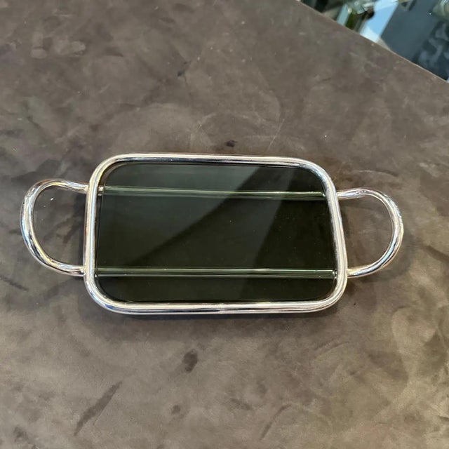 Lino Sabattini 1990s Modernist Lino Sabattini Silver Plated and Dark Grey Glass Butter Tray For Sale - Image 4 of 8