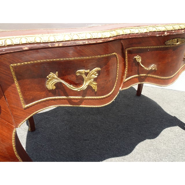 Vintage French Louis XV Bureau Plat Writing Desk Ornate Brass Ormolu Leather Top For Sale - Image 9 of 16