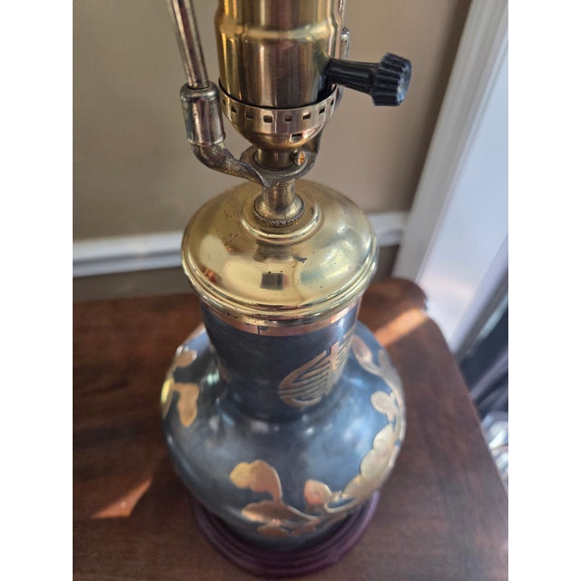Vintage Pewter & Brass Asian Chinoiserie Jar Lamp For Sale In Indianapolis - Image 6 of 11