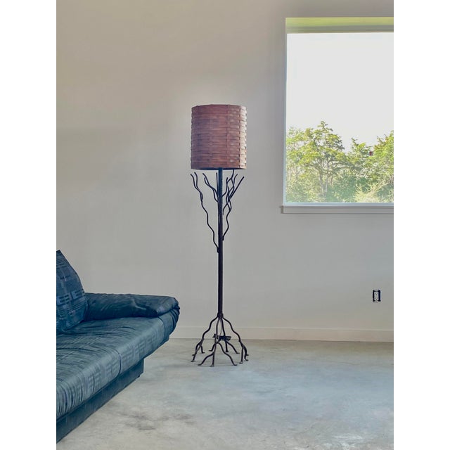 Contemporary Tree-Like Welded Iron Floor Lamp With Woven Wood Shade For Sale - Image 3 of 17