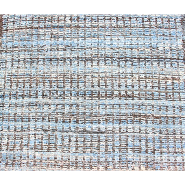 Blue Modern Casual Runner With Hi-Low Design in Blue Pile With Brown 3'1 X 10'11 For Sale - Image 8 of 11