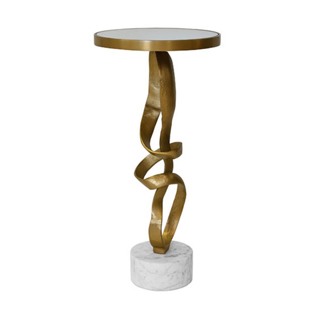 Contemporary Matthew Izzo Home Olympia Antique Brass Sculptural Side Table With Inset Mirror Top and Marble Base For Sale - Image 3 of 7