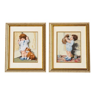 Vintage Set of 2 Framed Needlepoint Art Child & Dog Gold Frames Cottagecore 20.5x17" For Sale