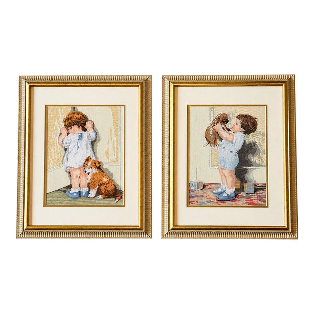 Vintage Set of 2 Framed Needlepoint Art Child & Dog Gold Frames Cottagecore 20.5x17" For Sale