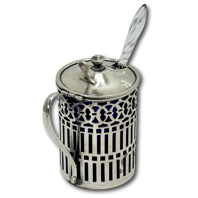 Silver Unusual Small Size Early 1900s Antique American Sterling Silver & Cobalt Blue Glass Mustard Pot & Spoon For Sale - Image 8 of 12