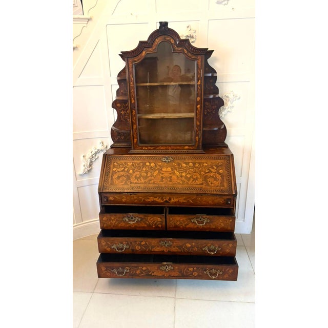 Antique Dutch Marquetry Walnut Bureau Bookcase, 1780 For Sale - Image 3 of 18