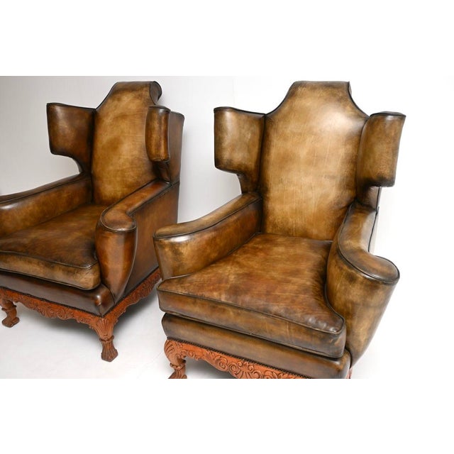 Brown Vintage Leather Wing Back Chairs, 1920s, Set of 2 For Sale - Image 8 of 11