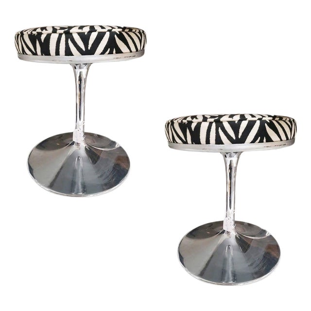 Mid-Century Tulip Style Chrome Stool With Zebra Seats, Pair For Sale