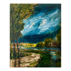 Roger EtienneMid Century Modernist French Painting Landscape With Forest, River, Path, c.1950s