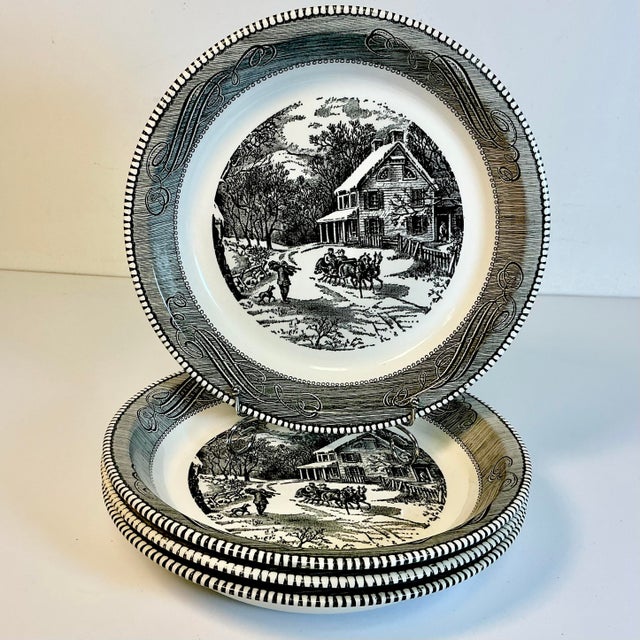 1970s Vintage Americana Boho Chic Jeannette China Black Supper Bowl-Plate - Set of 4. For Sale - Image 10 of 13