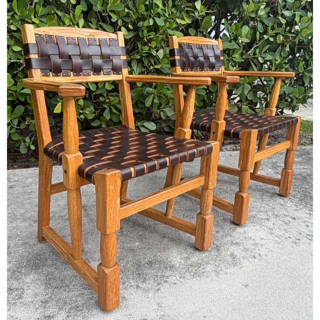 Mid-Century Modern Vintage Mid-Century Ranch Oak Leather Strapped Arm Chairs - A Pair For Sale - Image 3 of 11