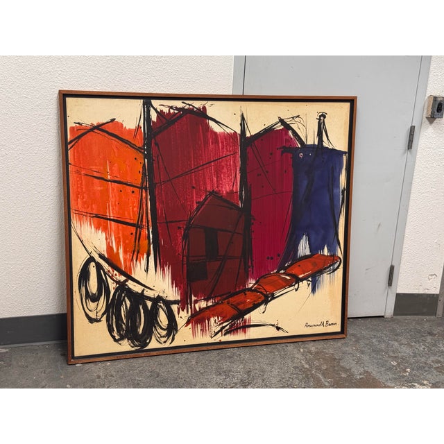 Design Plus Gallery presents a Framed Abstract Mixed Media Painting by Rosamond A. Brown. The work presents a dynamic...