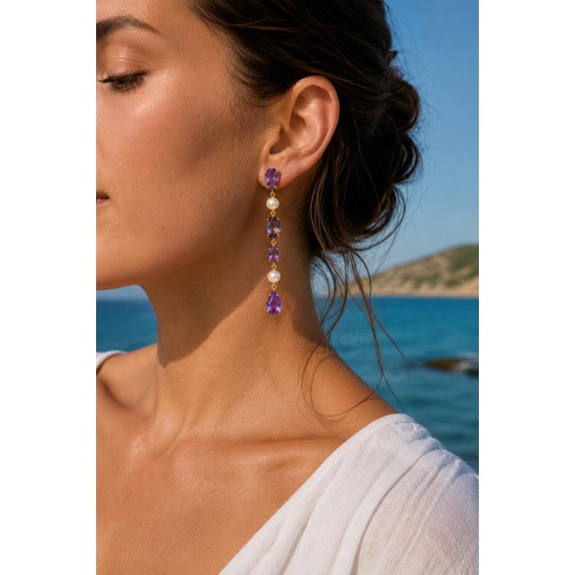 Metal Amethyst & Pearl Drop Multi-Shape Earrings, Silver, Gold, Pair For Sale - Image 7 of 7