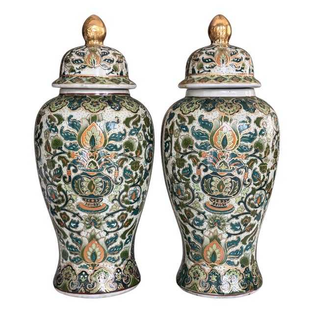 Mid-Century Aegean Blue & Green Chinoiserie Ginger Jars - A Pair For Sale