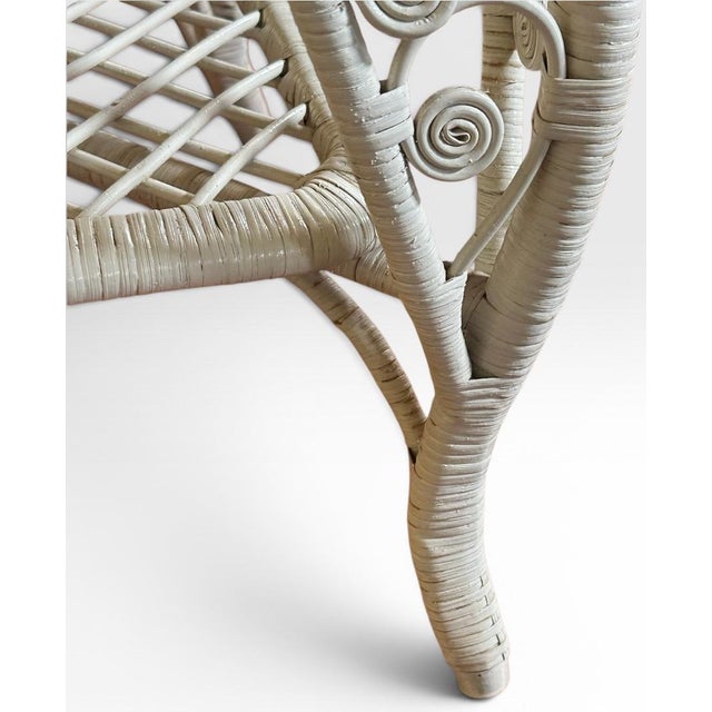 Vintage Boho Chic White Wicker Scrolled Side Tables With Glass Tops - A Pair For Sale - Image 12 of 13