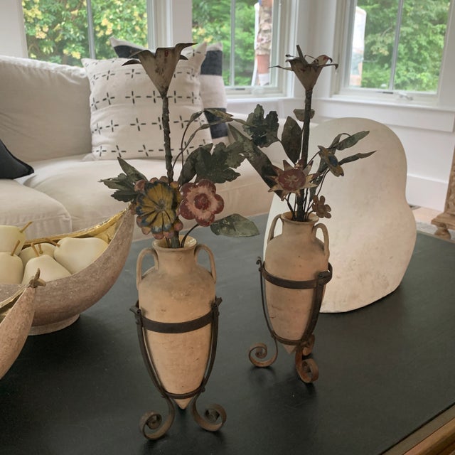 Tan Antique French Tole Flowers in Pottery Urns- Pair For Sale - Image 8 of 9