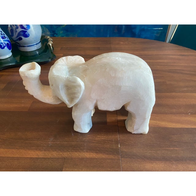 Vintage Hand-Carved Alabaster Elephant Sculpture – Mid-Century White Stone Figurine For Sale - Image 4 of 12