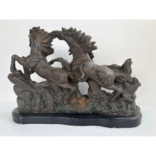 Mid-Century Modern Vintage Cast Iron Galloping Horses Sculpture With Bronze-Tone Finish on Black Base For Sale - Image 3 of 12
